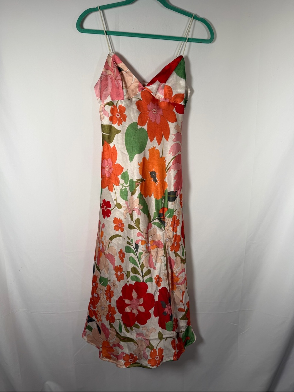 Floral Midi Babydoll Slip Dress in Red, Orange & Green - wedding guest, event